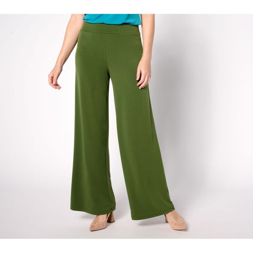 Susan Graver Women's Plus Sz Pants 1X Regular Liquid Knit Wide-Leg Green A632195